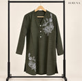 Olive Green V-Neck Tunic with White Floral Detail