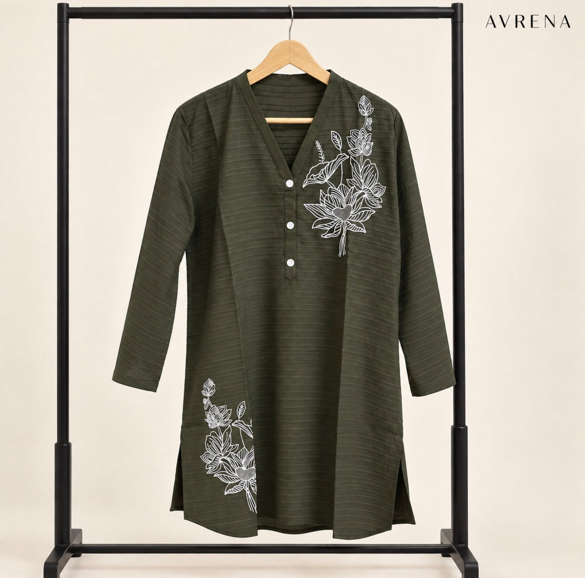 Olive Green V-Neck Tunic with White Floral Detail