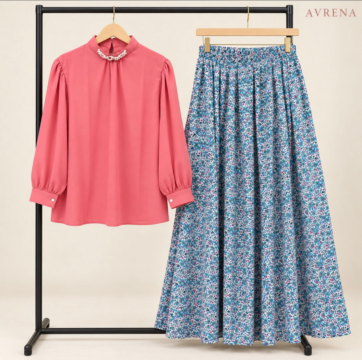 Pink Pearl-Neck Blouse & Blue Floral Maxi Skirt Set