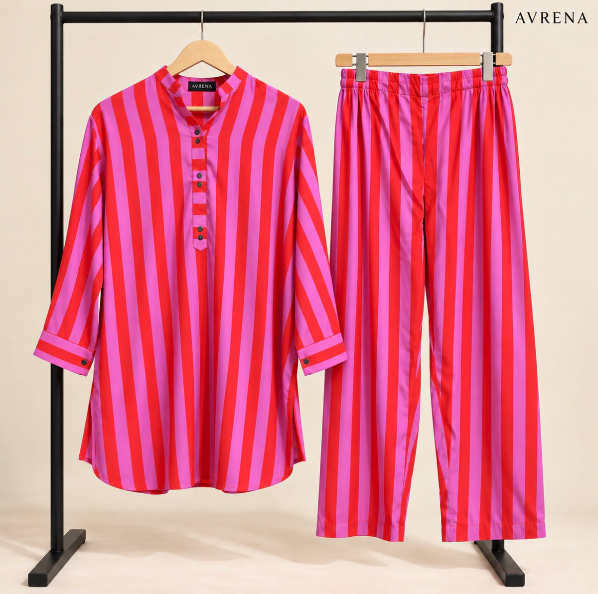 Pink & Red Striped Long Shirt & Trouser Set