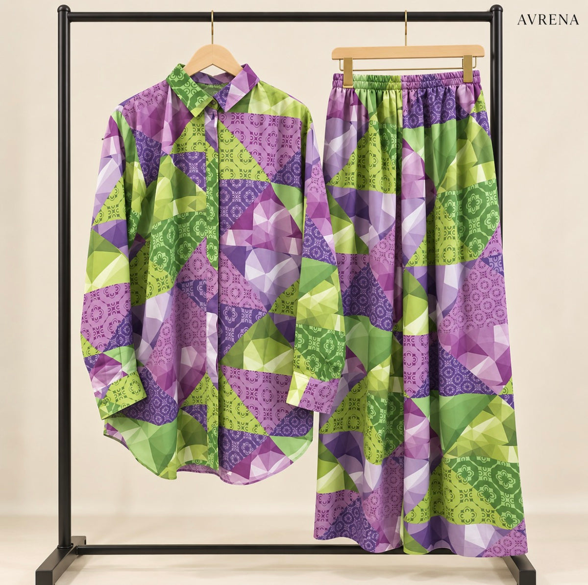 Purple & Green Geometric Print Long Shirt & Trouser Set