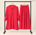 Red Button-Detail Long Shirt & Wide-Leg Trouser Set