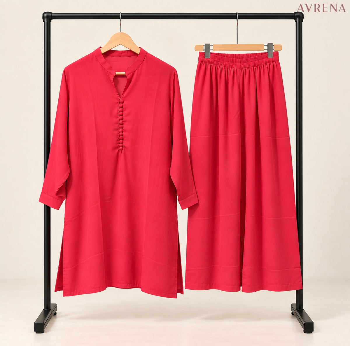 Red Button-Detail Long Shirt & Wide-Leg Trouser Set