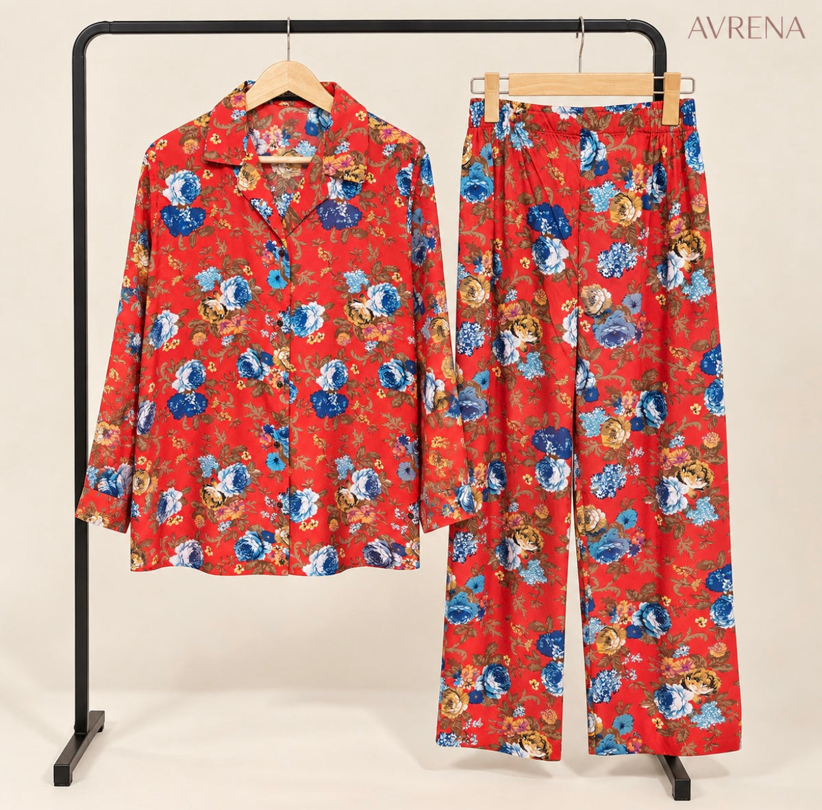 Red Floral Print Button-Down Shirt & Trouser Set