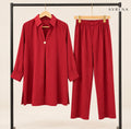 Red Single-Button Long Shirt & Trouser Set