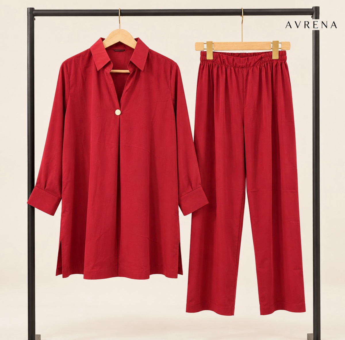 Red Single-Button Long Shirt & Trouser Set