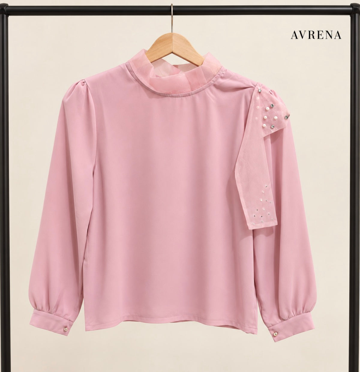 Rose Pink Blouse with Embellished Sheer Scarf Detail