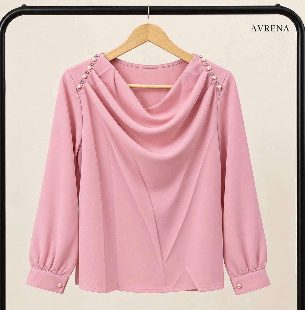 Rose Pink Pearl-Detail Cowl-Neck Blouse