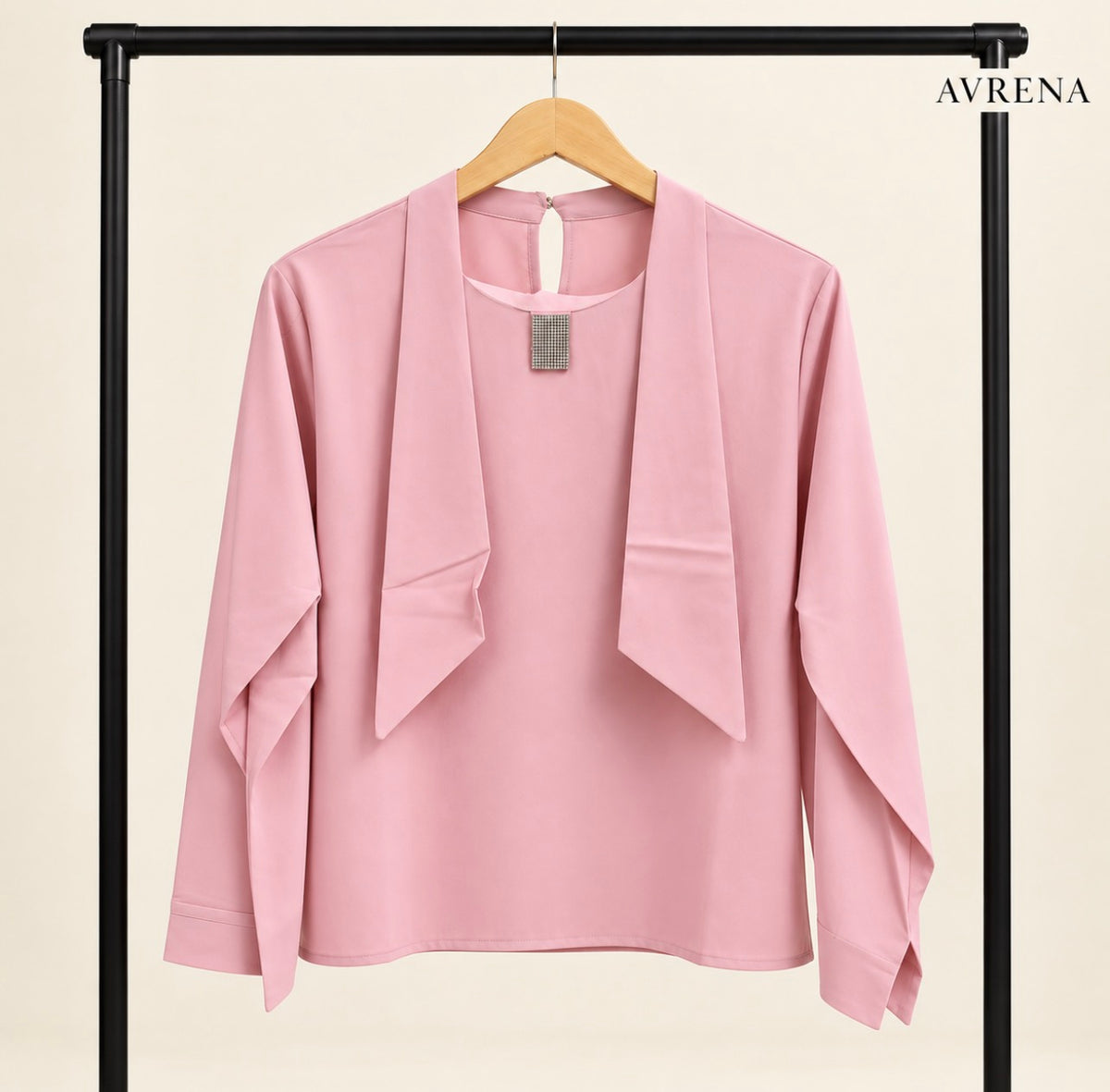 Rose Pink Scarf-Detail Blouse with Embellished Neckline