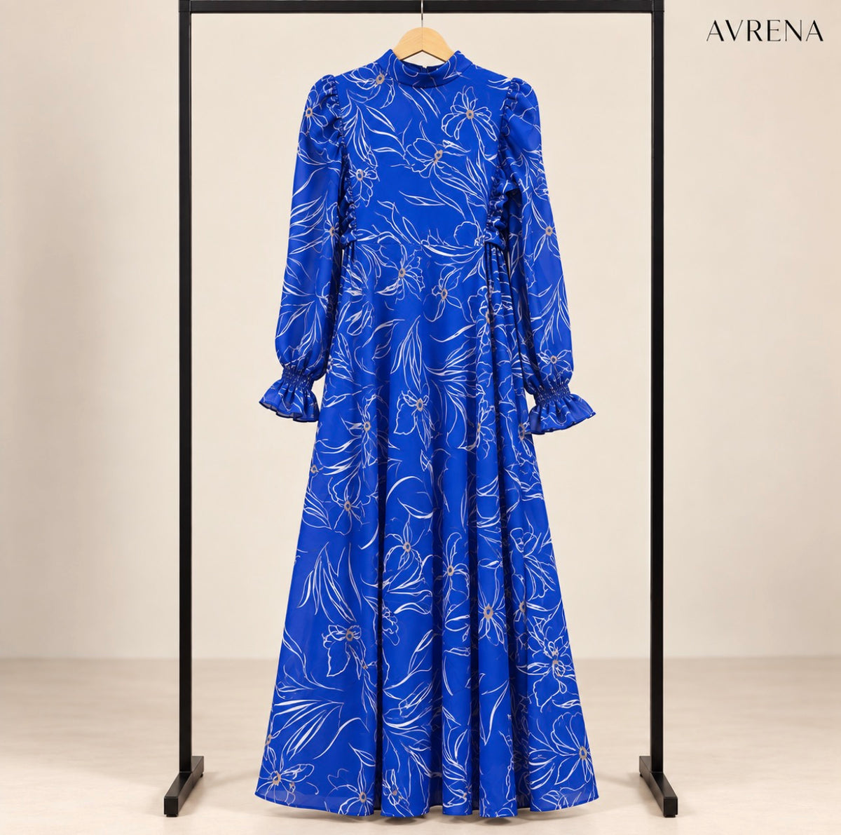 Royal Blue Floral Maxi Dress with Ruffle Cuffs