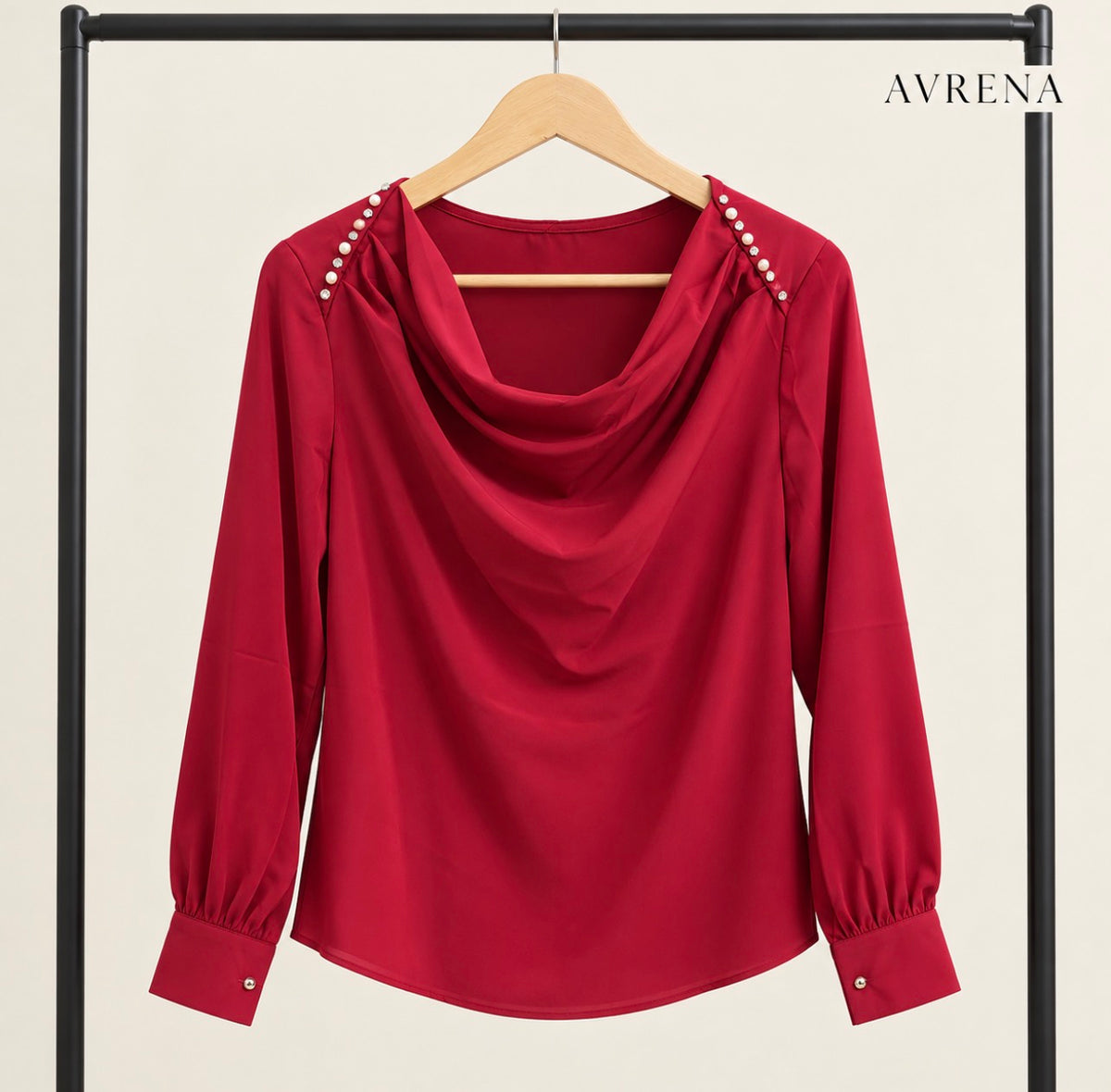 Ruby Red Pearl-Detail Cowl-Neck Blouse