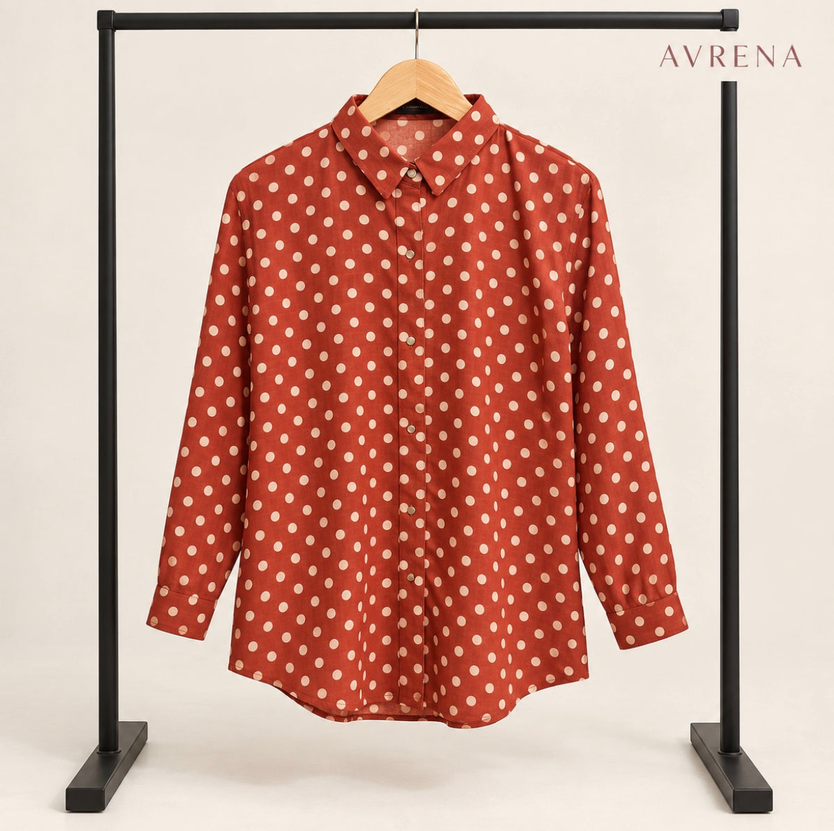Rust Polka Dot Button-Down Shirt with Curved Hem