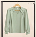 Sage Green V-Neck Blouse with Layered Collar