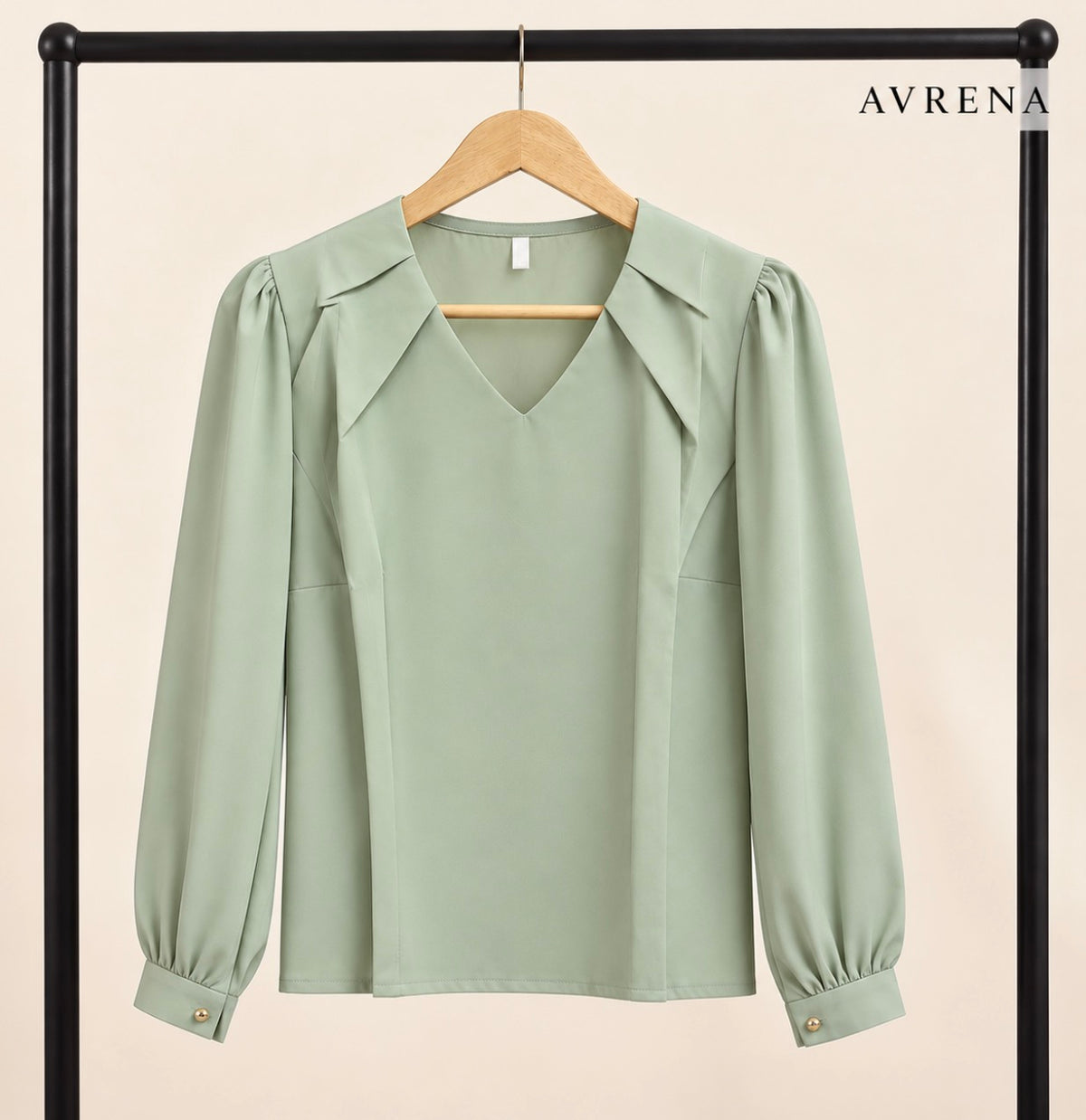 Sage Green V-Neck Blouse with Layered Collar