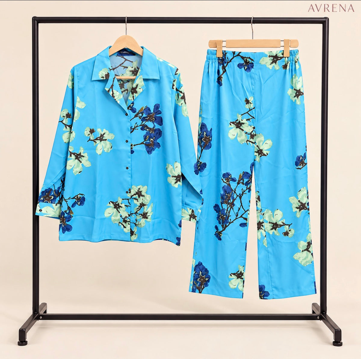 Sky Blue Floral Print Button-Down Shirt & Trouser Set