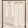 White Pinstriped Double-Breasted Waistcoat & Wide-Leg Trouser Set