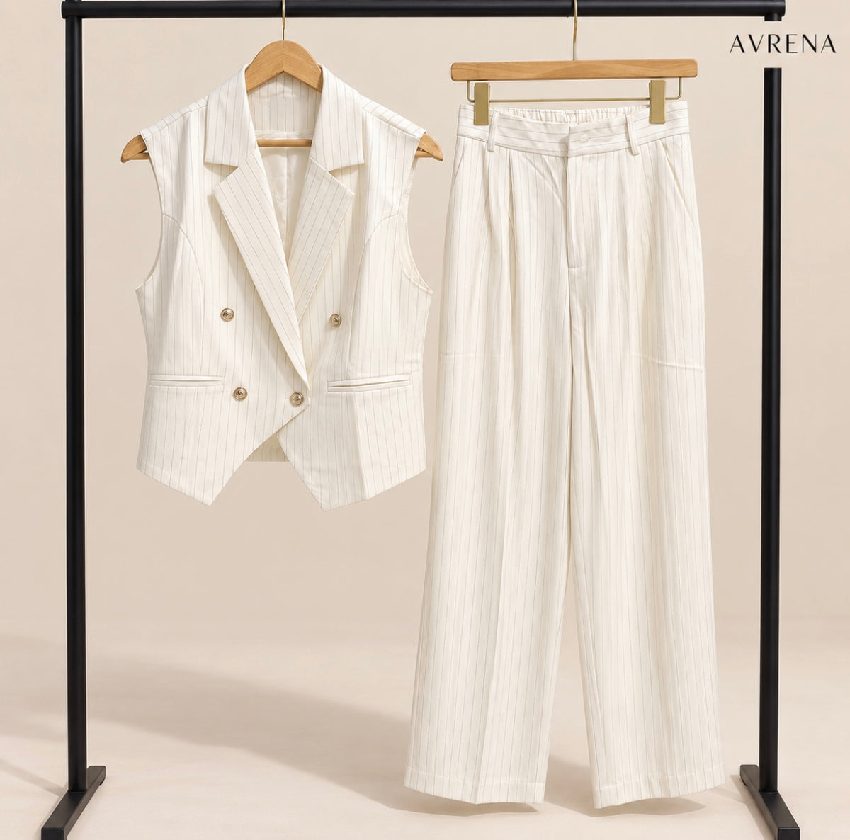 White Pinstriped Double-Breasted Waistcoat & Wide-Leg Trouser Set